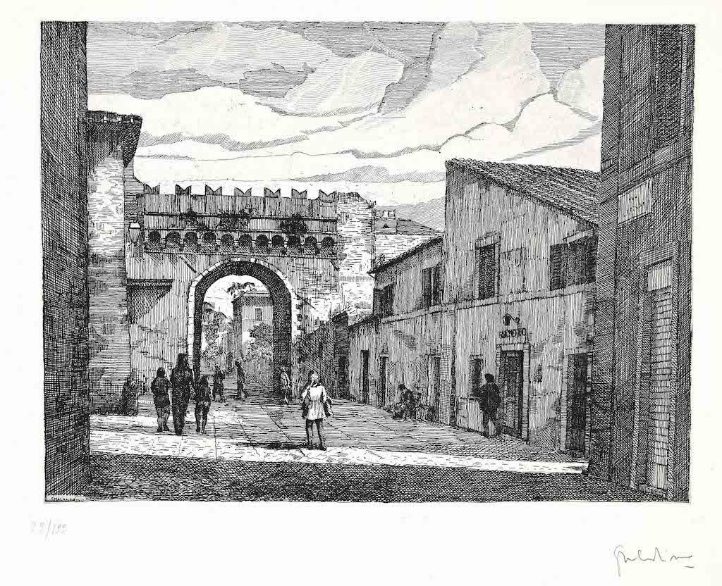Rome-Porta Settimiana is an original etching artwork realized by the Italian artist Giuseppe Malandrino.

Hand-signed by the artist on the lower right in pencil. Image Dimensions: 24.5 x 33 cm

Numbered in Roman numerals, edition 29/199 