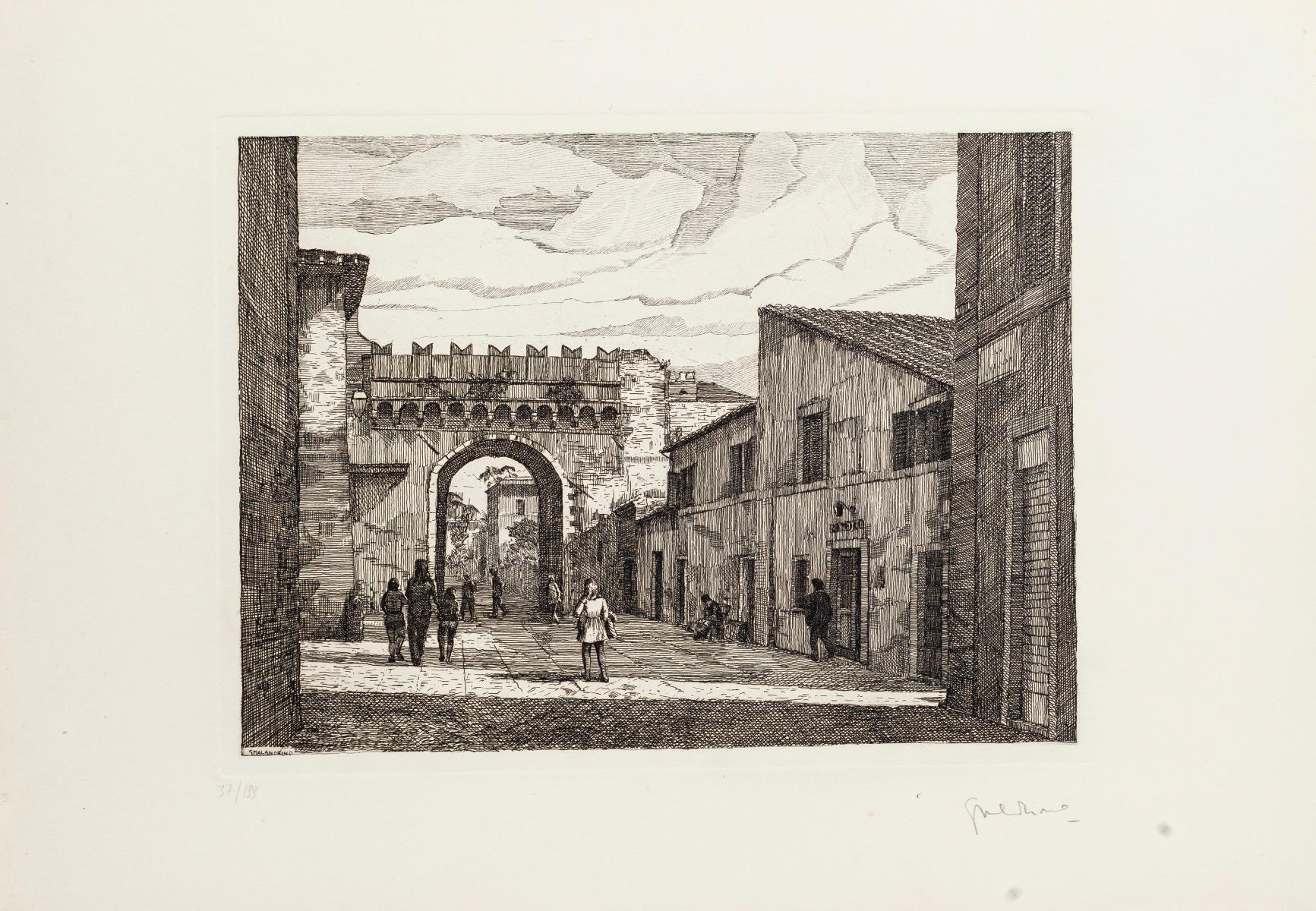Rome - Porta Settimiana is an original etching artwork realized by the Italian artist Giuseppe Malandrino.

Hand-signed by the artist on the lower right in pencil.

Numbered in Roman numerals, edition 37/199  prints.

Perfect conditions. 

Giuseppe