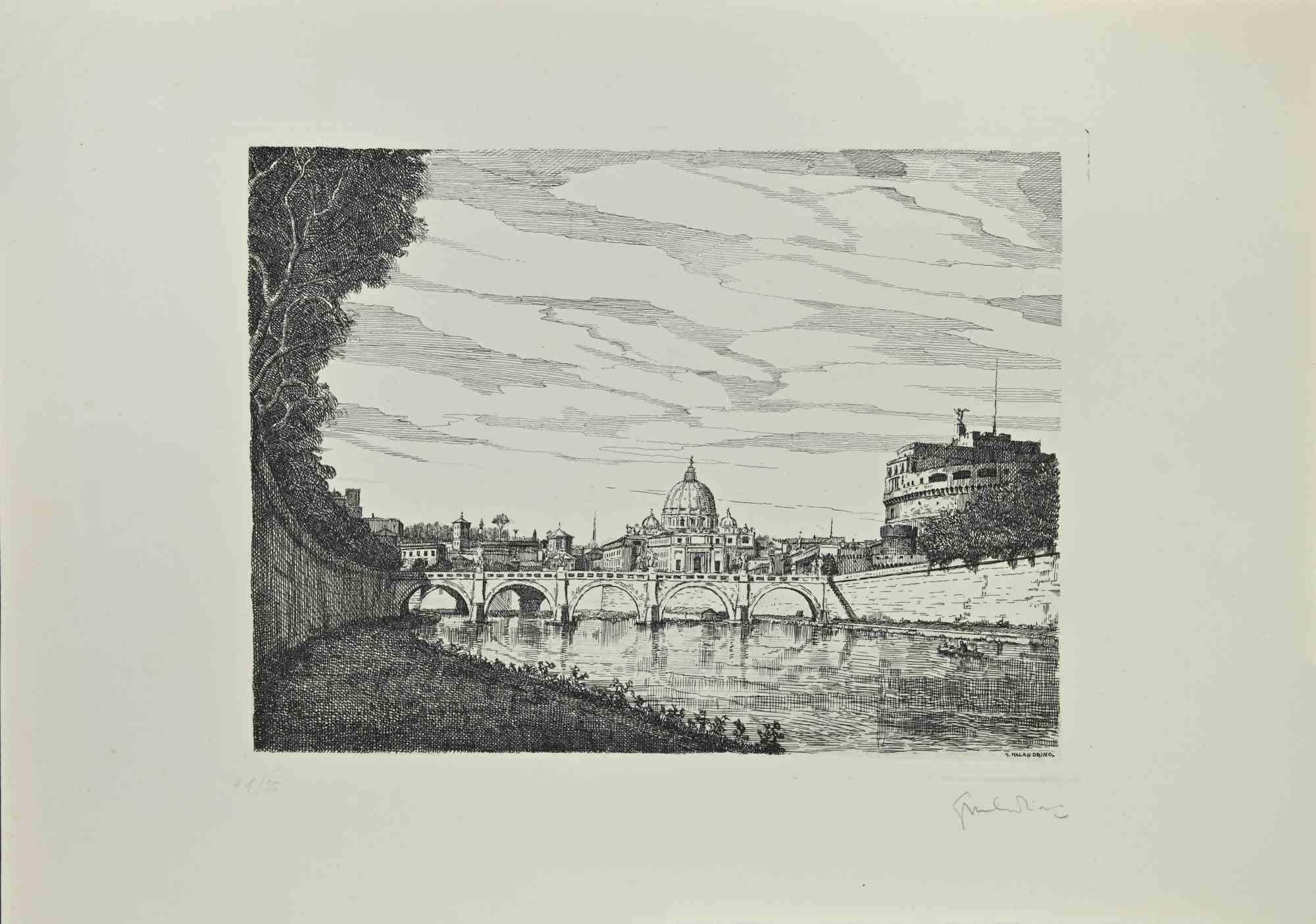 Saint Peter and Castel Saint Angelo is an artwork realized by Giuseppe Malandrino.

Print in etching technique. Hand-signed by the artist in pencil  and signed on plate G. Malandrino on the lower right corner.

Numbered edition of 71/95 copies on
