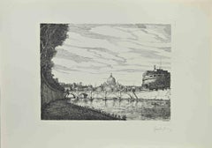 Vintage Saint Peter and Castel Saint Angelo - Etching by Giuseppe Malandrino - 1970s