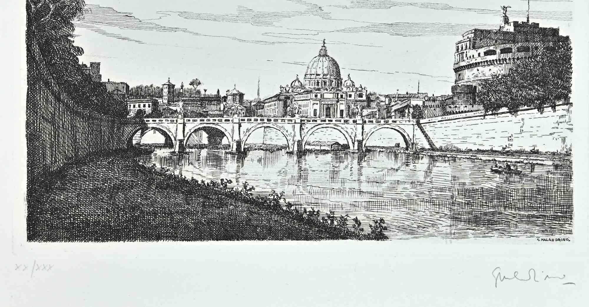Saint Peter and Castel Sanit Angelo - Etching by Giuseppe Malandrino - 1970s For Sale 1