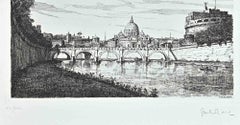 San Pietro e Castel Sanit Angelo - Acquaforte di Giuseppe Malandrino - Anni '70