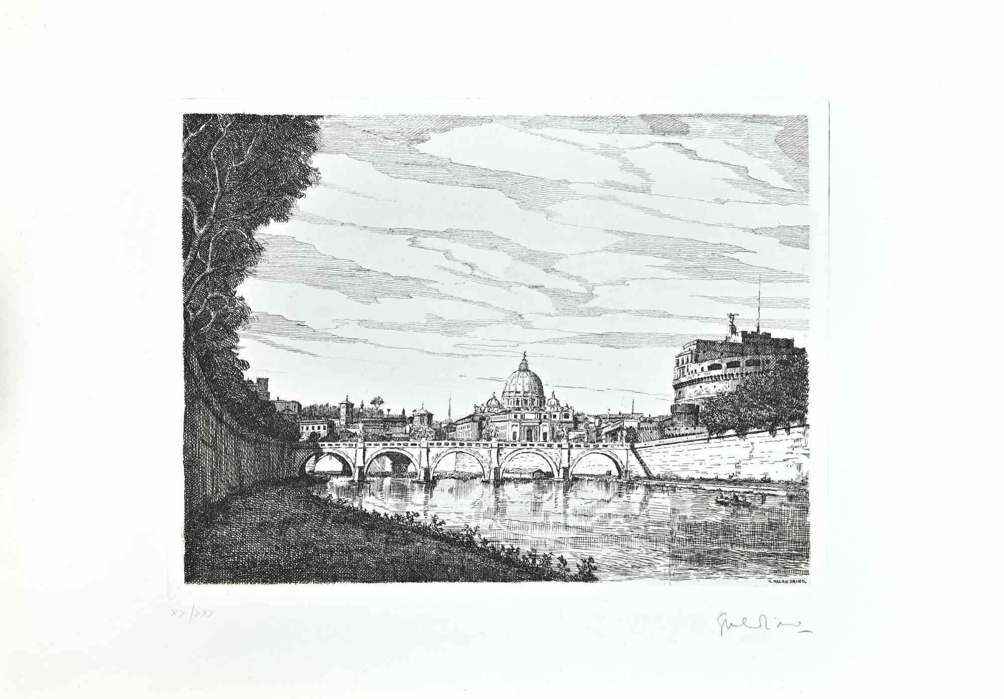 Saint Peter and Castel Sanit Angelo - Etching by Giuseppe Malandrino - 1970s