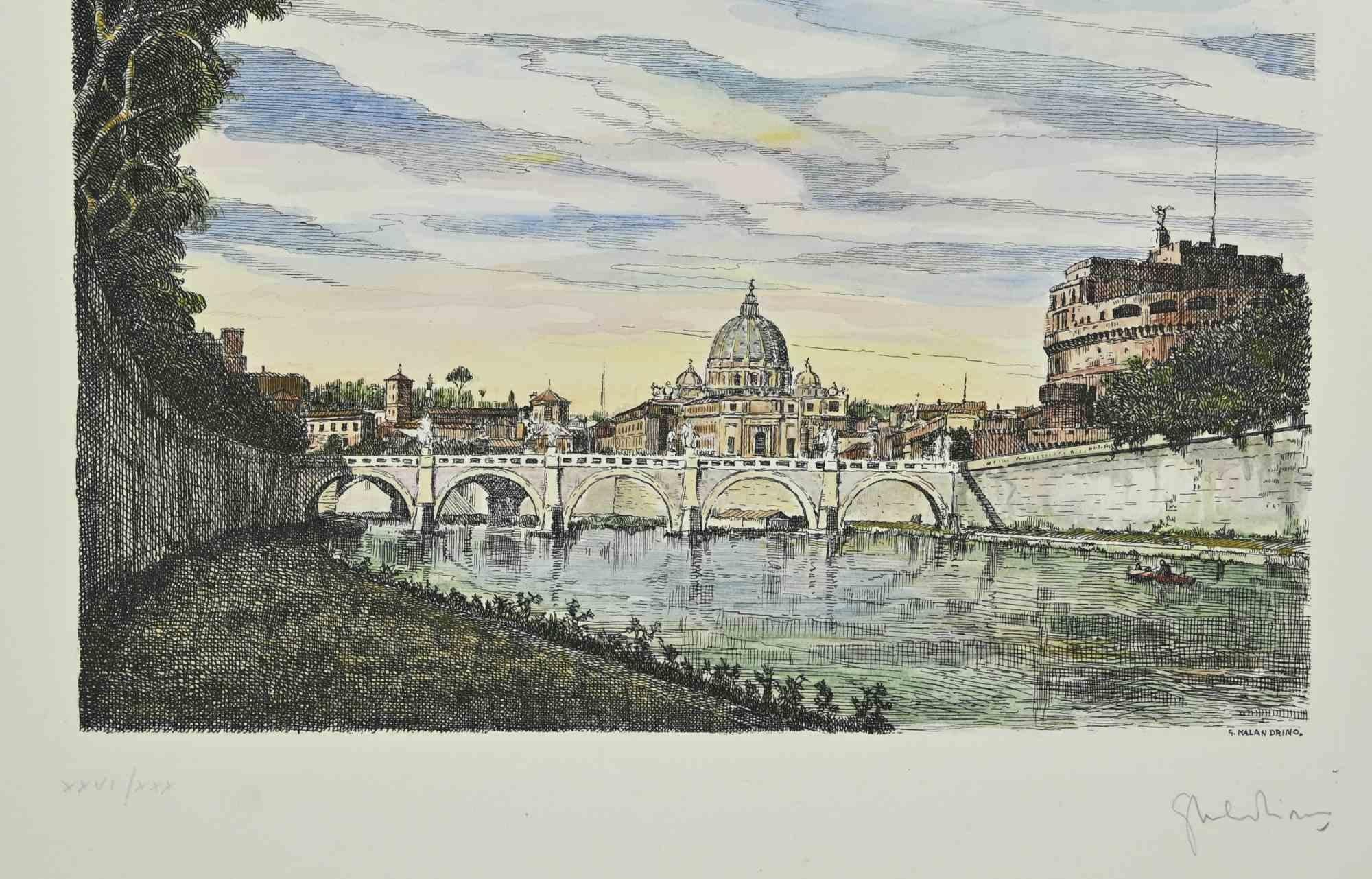 Saint Peter and Castel Sant'Angelo - Etching by Giuseppe Malandrino - 1970s For Sale 1