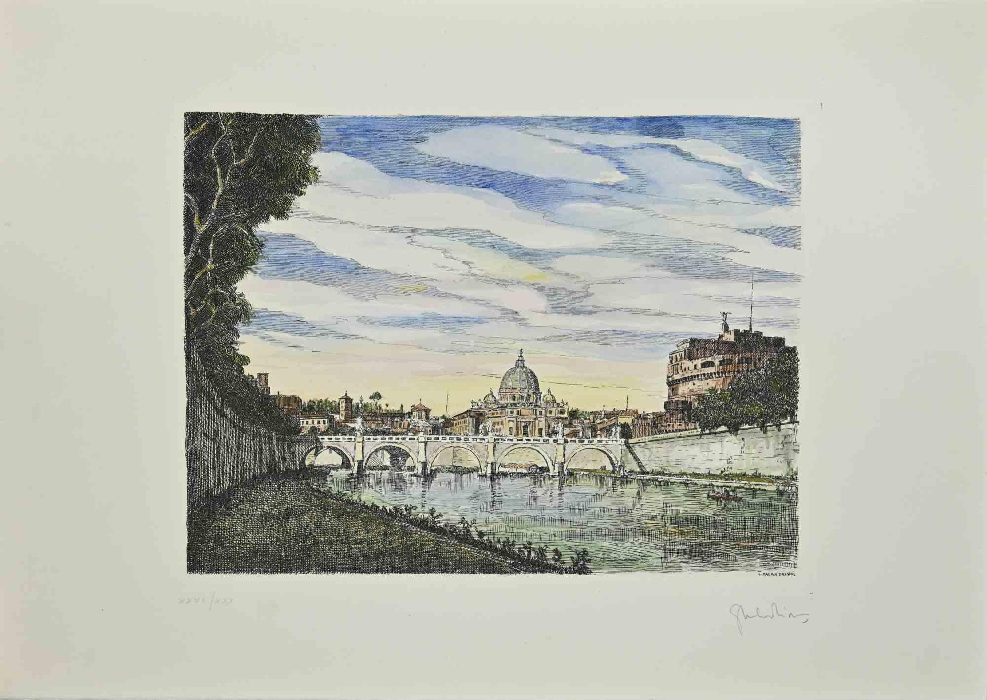 Saint Peter and Castel Sant'Angelo - Etching by Giuseppe Malandrino - 1970s