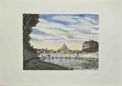 Vintage Saint Peter and Castel Sant'Angelo - Etching by Giuseppe Malandrino - 1970s