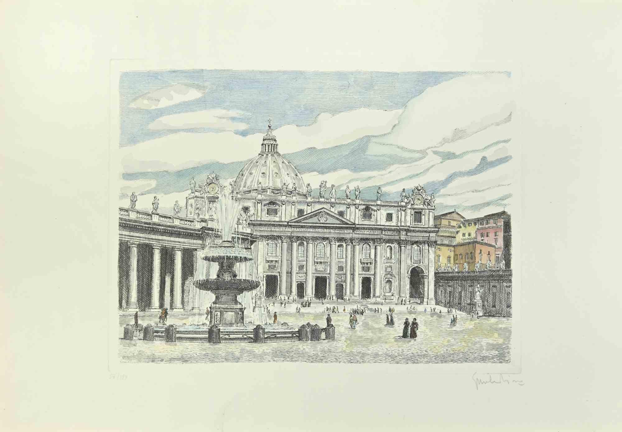 Saint Peter is an artwork realized by Giuseppe Malandrino.

Print in etching technique

Hand-signed by the artist in pencil on the lower right corner.

Numbered edition,57/199.

Good condition.

This artwork represents the beautiful Roman landscape