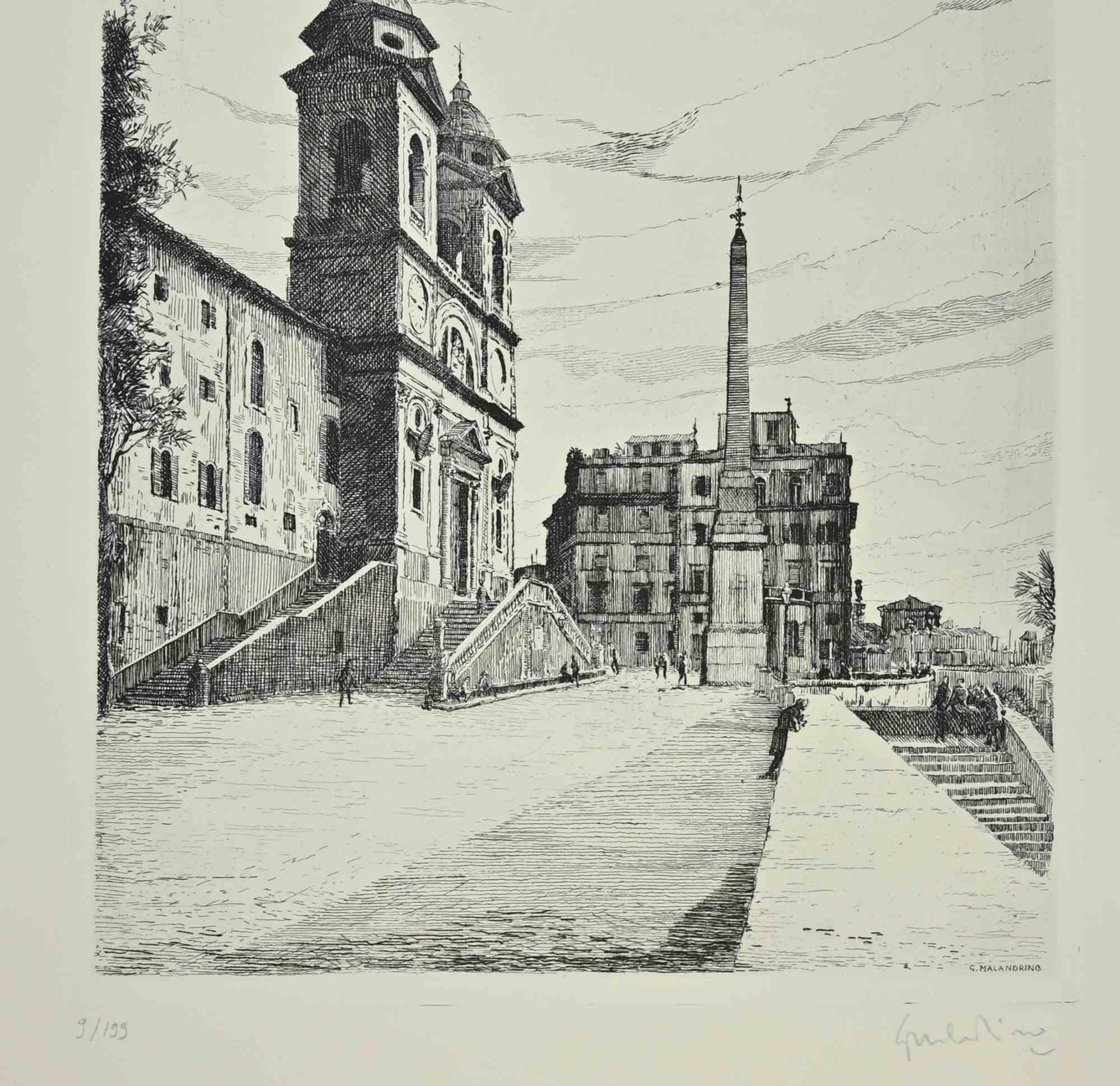 Plaza de España - Grabado de Giuseppe Malandrino - 1970 en venta 1