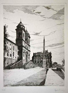Spanish Steps, Rome - Etching by Giuseppe Malandrino - 1970s