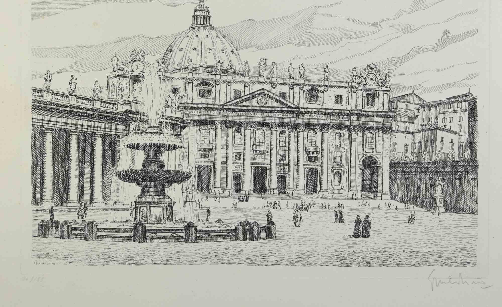 St. Peter's Square -  Etching by Giuseppe Malandrino - 1970s For Sale 1