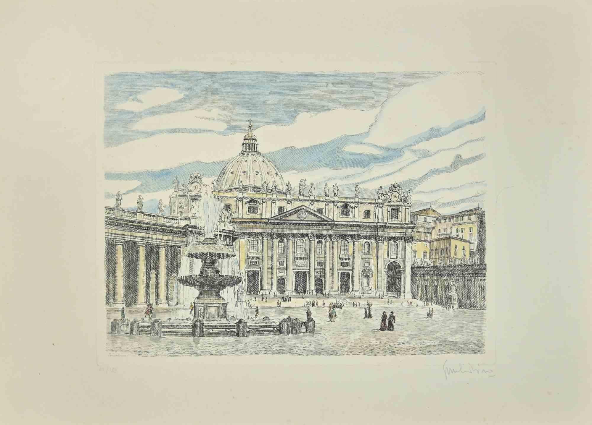 St. Peter's Square is an etching realized by the Italian artist  Giuseppe Malandrino.

hand-signed by the artist  on the lower right in pencil.

Numbered in Roman numerals, edition o 62/199 prints.

Perfect conditions. 

The artwork represents a