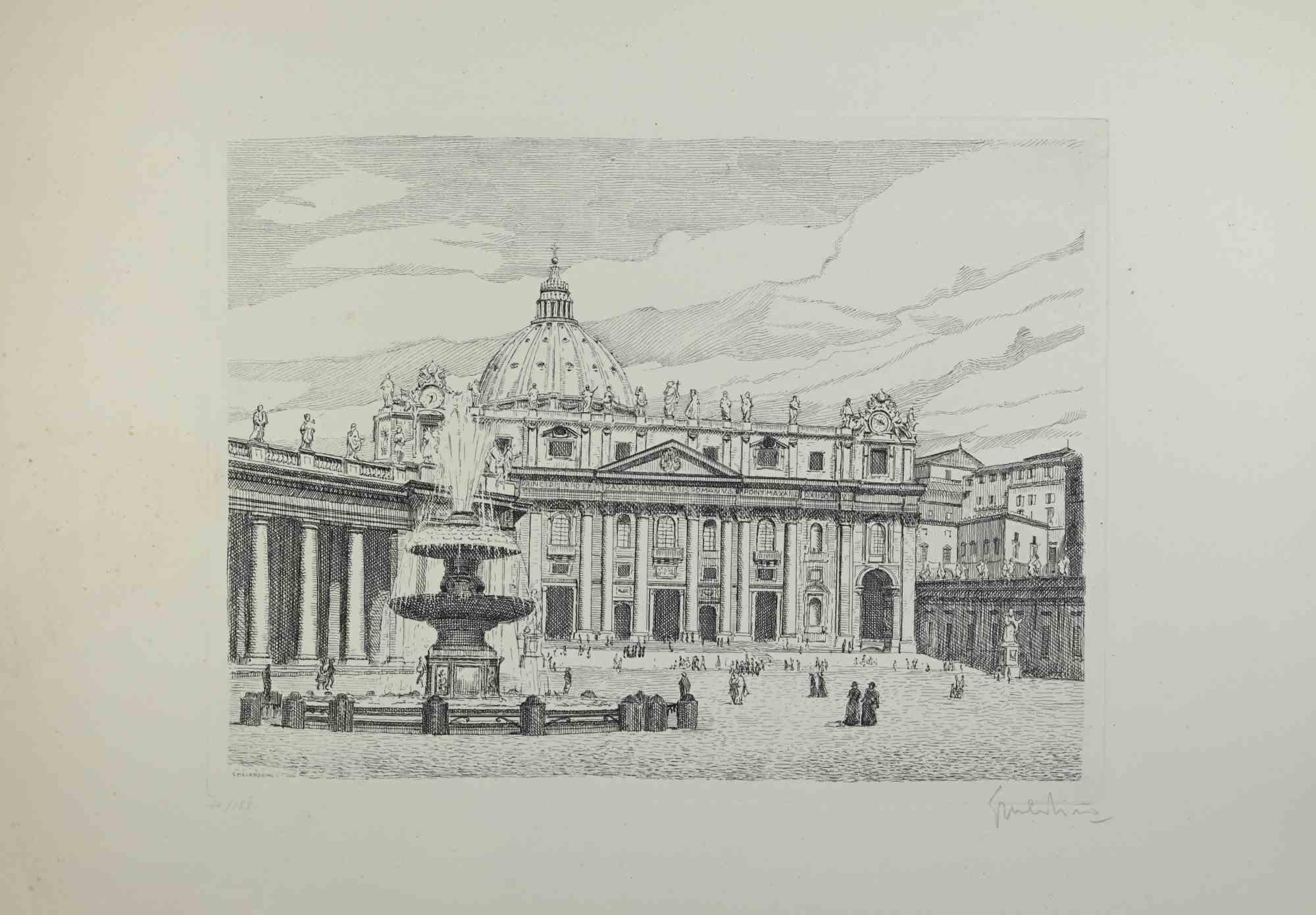 Saint Peter is an artwork realized by Giuseppe Malandrino.

Print in etching technique

Hand-signed by the artist in pencil on the lower right corner.

Numbered edition,80/199.

Good condition.

This artwork represents the beautiful Roman landscape