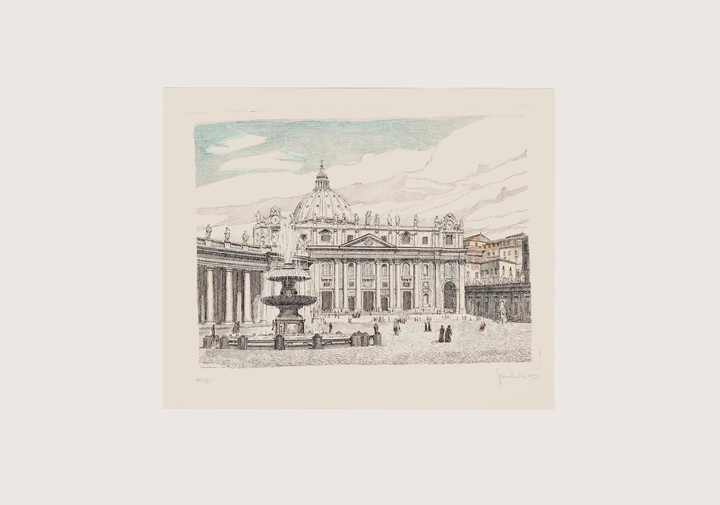 St. Peter's Square is an original etching artwork realized by the Italian artist Giuseppe Malandrino.

Hand-signed by the artist on the lower right in pencil.

Numbered in Roman numerals, edition o 47/199 prints.

Perfect conditions. 

Passepartout