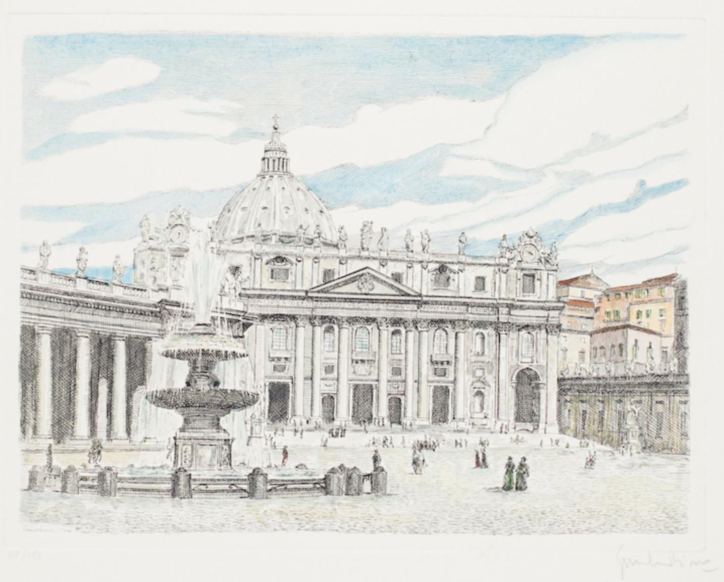 St. Peter's Square is an etching artwork realized by the Italian artist Giuseppe Malandrino.

hand-signed by the artist on the lower right in pencil.

Numbered in Roman numerals, edition o 61/199 prints.

Perfect conditions. 

The artwork represents