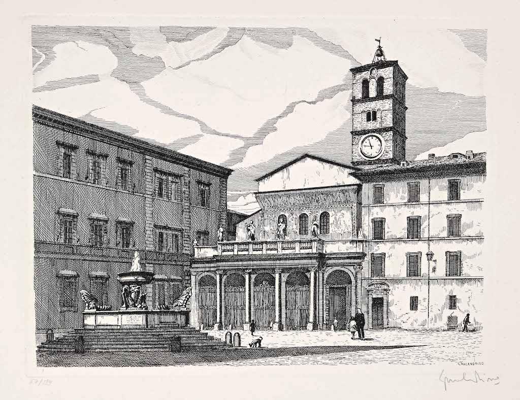 The Church of S. Maria in Trastevere is an original etching artwork realized by the Italian artist Giuseppe Malandrino.

Hand-signed by the artist on the lower right in pencil. Image Dimensions: 24 x 32 cm

Numbered in Roman numerals, edition 71/199