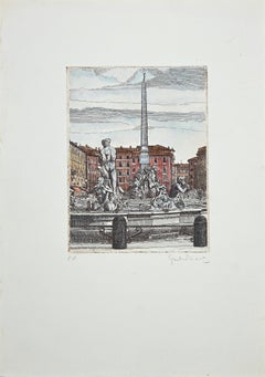 Le fontane di Piazza Navona - Roma - Acquaforte di G. Malandrino - Anni '70