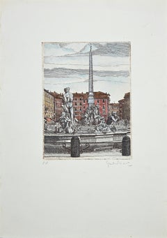 The Fountains of Piazza Navona - Rome - Etching by G. Malandrino - 1970s