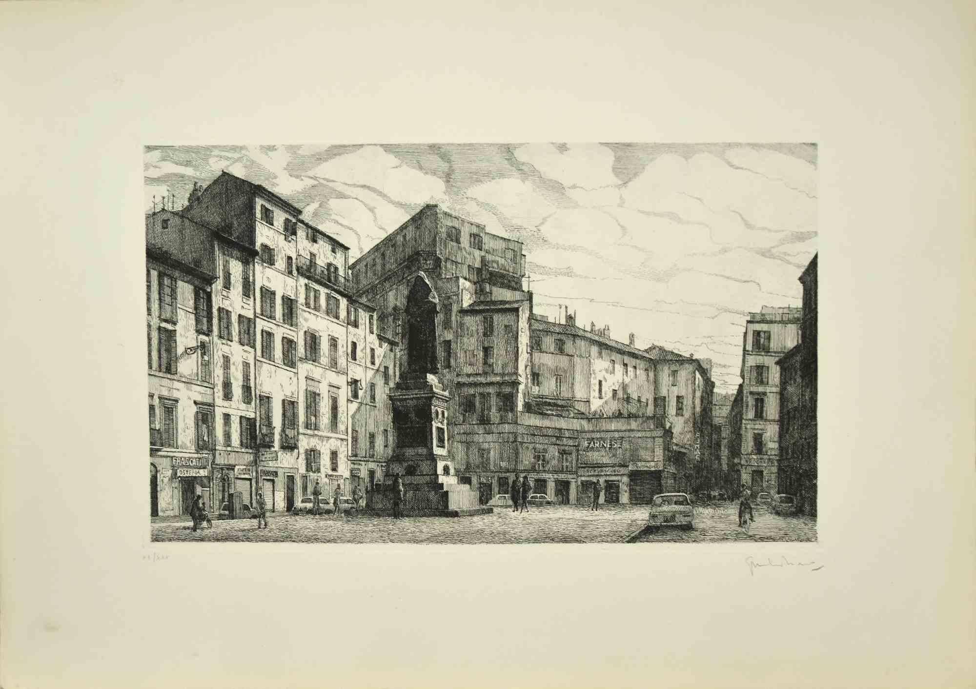 Blick auf die Piazza Campo dé Fiori  ist ein originales zeitgenössisches Kunstwerk, das 1970 von dem italienischen Künstler  Giuseppe Malandrino  (Modica, 1910 - Rom, 1979).
 
Radierung auf Karton.
 
Handsigniert  mit Bleistift in der rechten