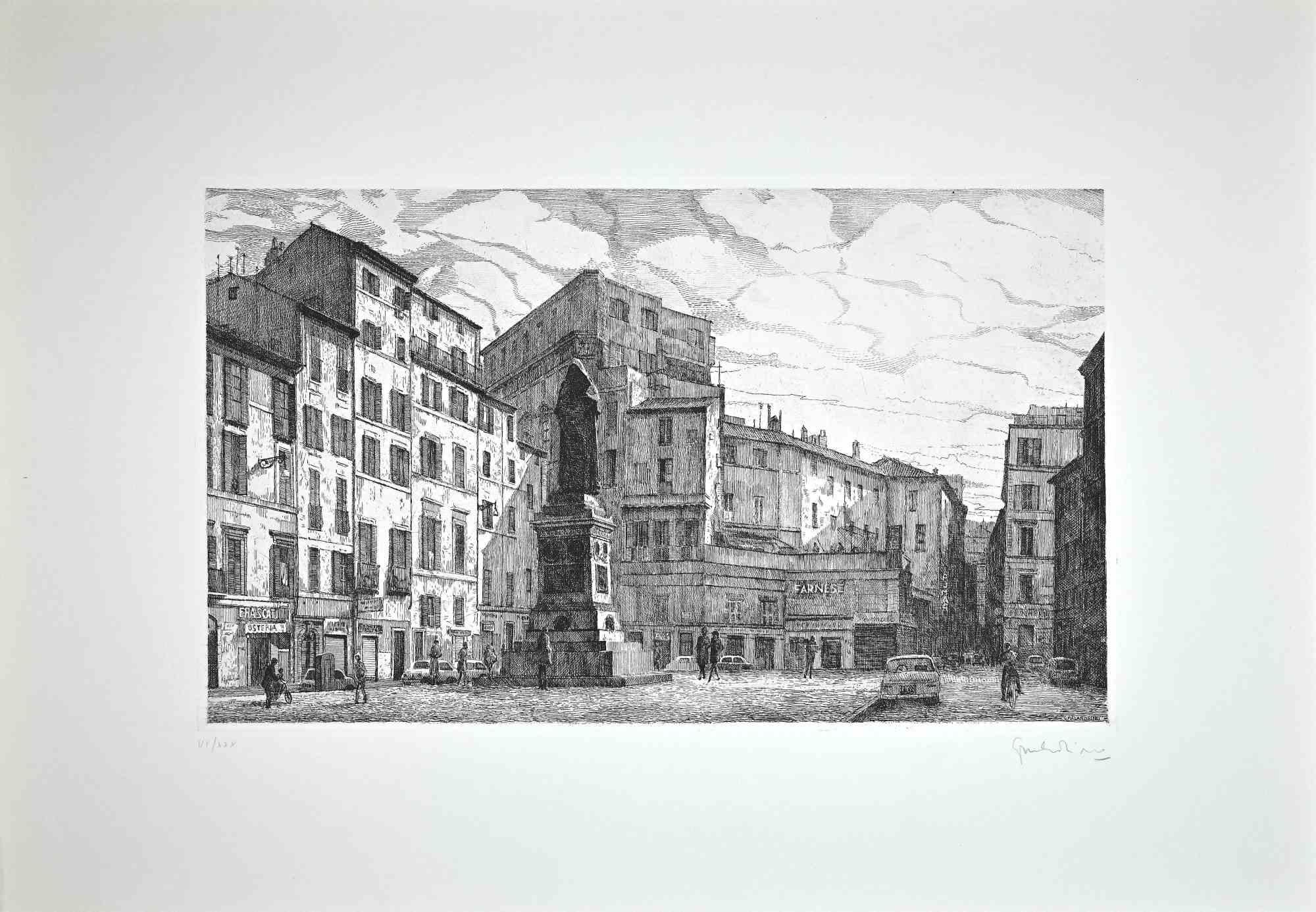 Blick auf die Piazza Campo dé Fiori  ist ein originales zeitgenössisches Kunstwerk, das 1970 von dem italienischen Künstler  Giuseppe Malandrino  (Modica, 1910 - Rom, 1979).
 
Original-Radierung.
 
Handsigniert  mit Bleistift in der rechten unteren
