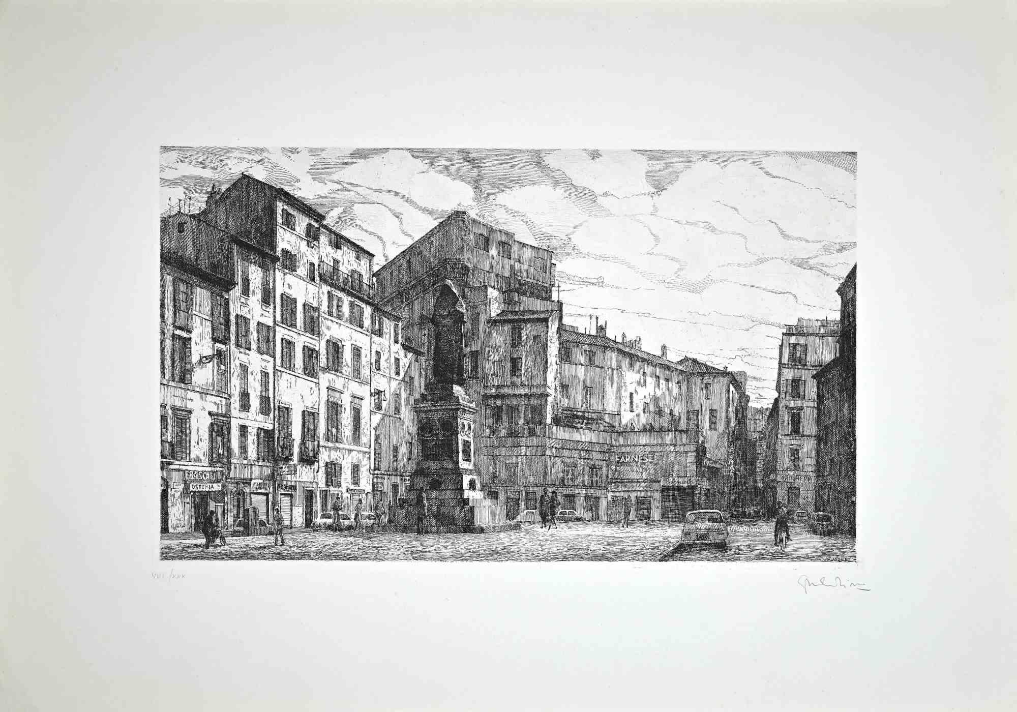 Blick auf die Piazza Campo dé Fiori  ist ein originales zeitgenössisches Kunstwerk, das 1970 von dem italienischen Künstler  Giuseppe Malandrino  (Modica, 1910 - Rom, 1979).
 
Radierung auf Karton.
 
Handsigniert  mit Bleistift in der rechten