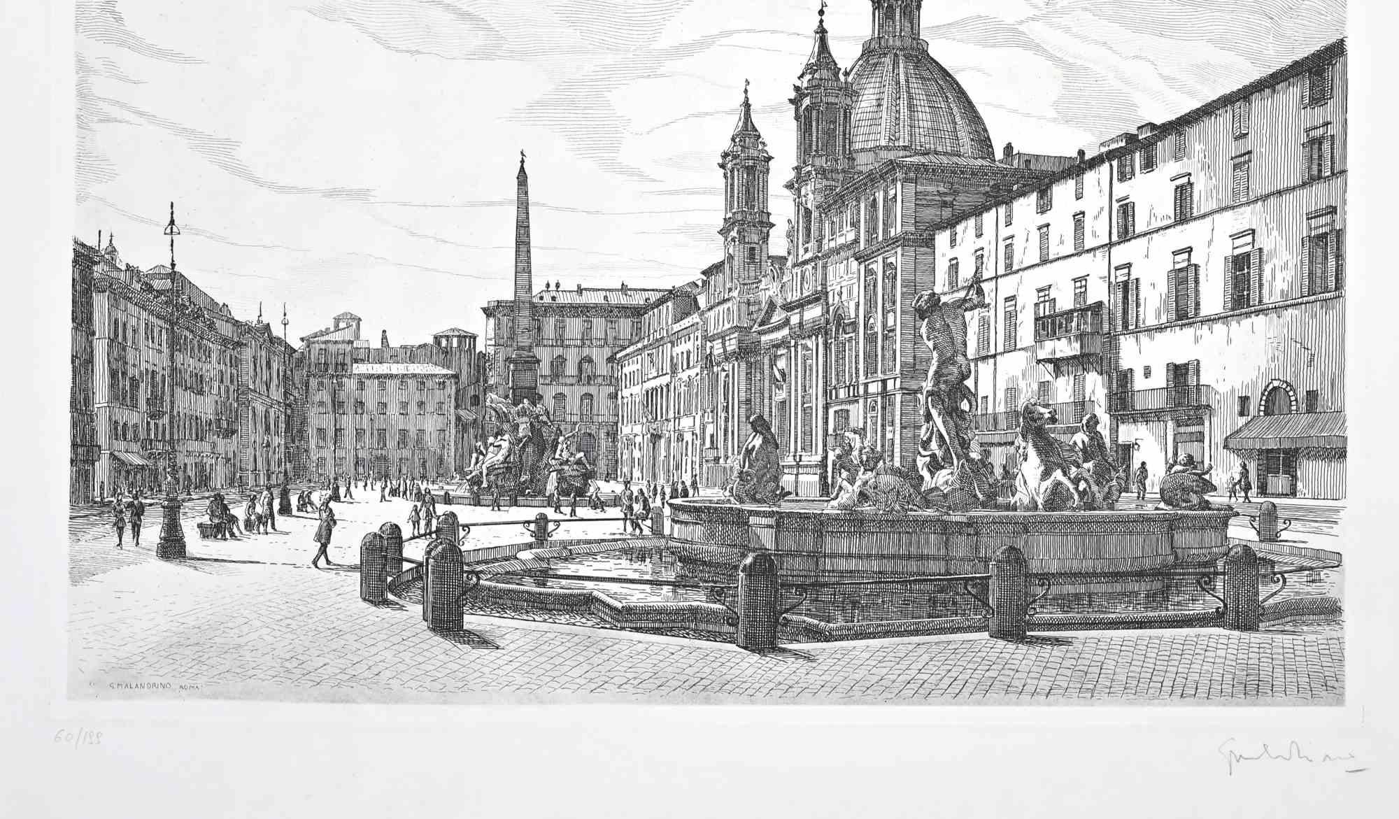Vista de la Plaza Navona - Grabado de Giuseppe Malandrino - Años 70 en venta 1