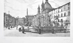 View of Piazza Navona - Etching by Giuseppe Malandrino - 1970s