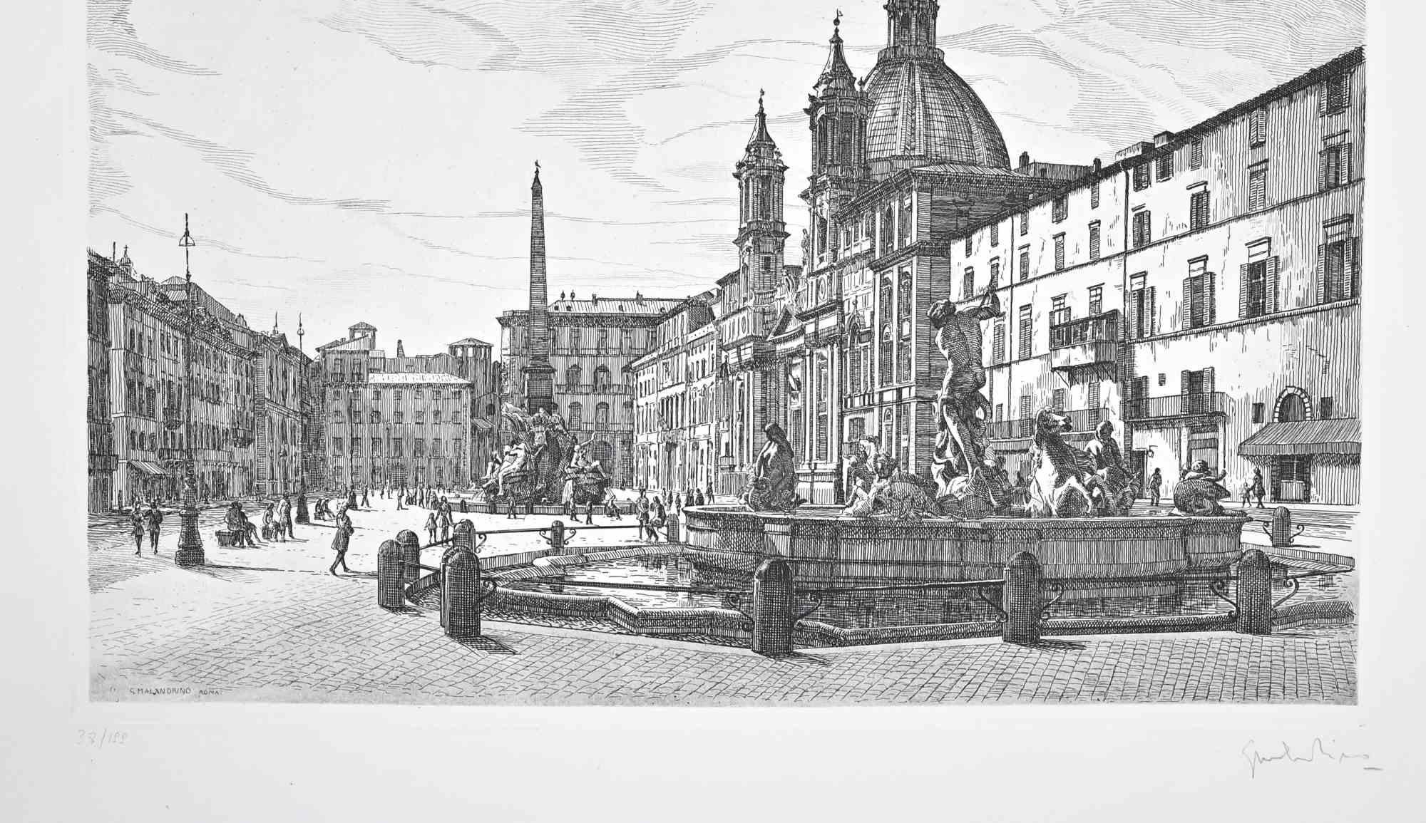 Vista de la Plaza Navona - Grabado de Giuseppe Malandrino - Años 70 en venta 1