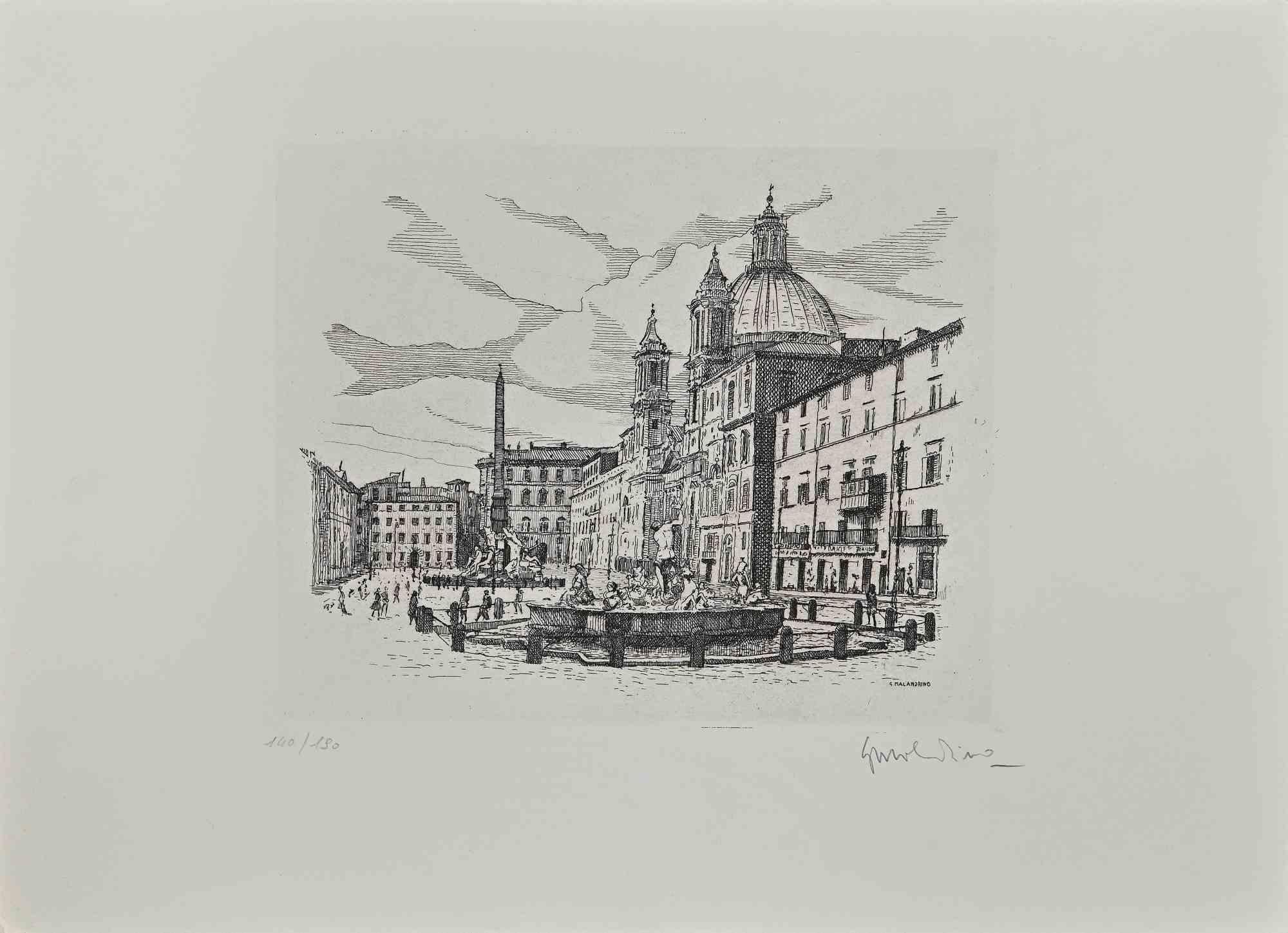 La Plaza Navona es una obra de arte realizada por Giuseppe Malandrino.

Impresión en técnica de aguafuerte.

Firmado a mano por el artista a lápiz en la esquina inferior derecha.

Edición numerada de 190 ejemplares.

Buen estado. 

Esta obra de arte