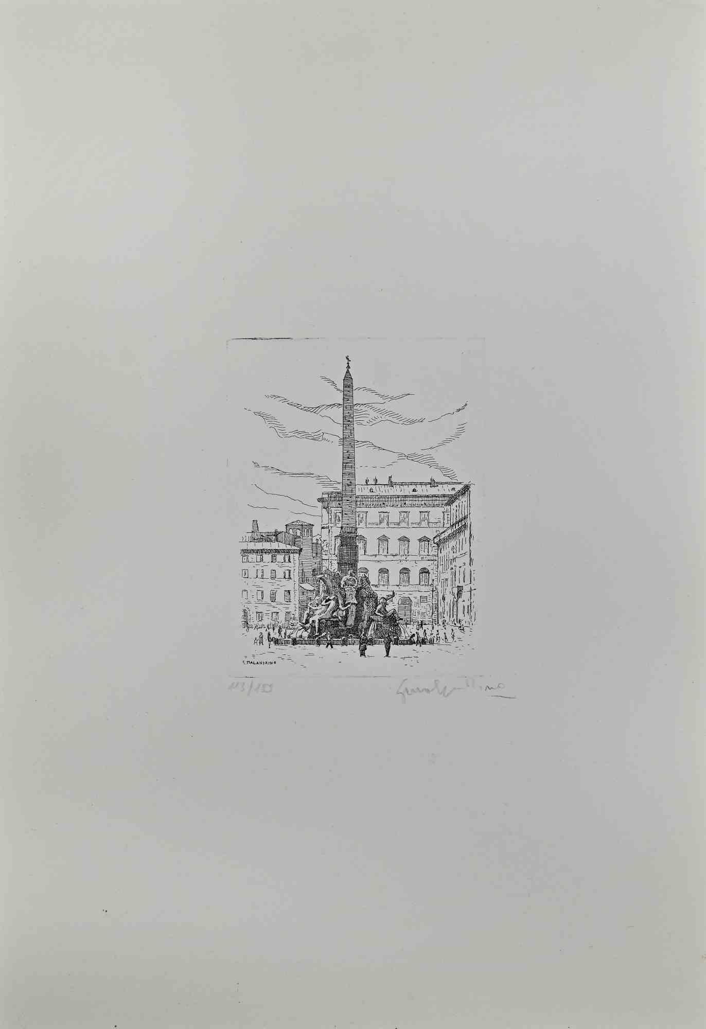 Plaza Navona - Fuente de los 4 Ríos es una obra de arte realizada por Giuseppe Malandrino.

Impresión en técnica de aguafuerte.

Firmado a mano por el artista a lápiz en la esquina inferior derecha.

Edición numerada de 199 ejemplares.

Buen estado.