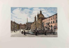View of Piazza Navona  -  Etching by Giuseppe Malandrino - 1970s
