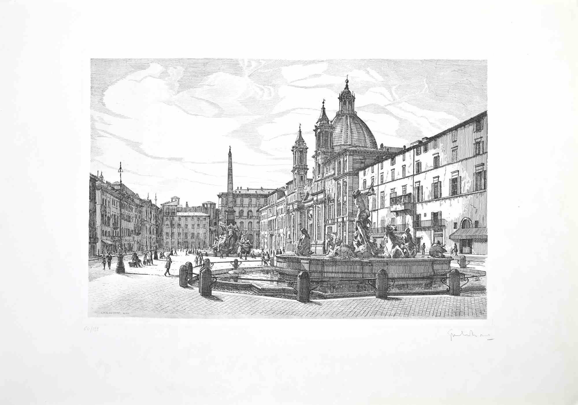 Vista de la Piazza Navona es una obra de arte contemporánea original realizada en 1970 por el artista italiano Giuseppe Malandrino  (Modica, 1910 - Roma, 1979).
 
Grabado sobre cartón.
 
Firmado a mano con lápiz en la esquina inferior derecha. 