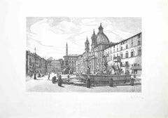 View of Piazza Navona - Etching by Giuseppe Malandrino - 1970s
