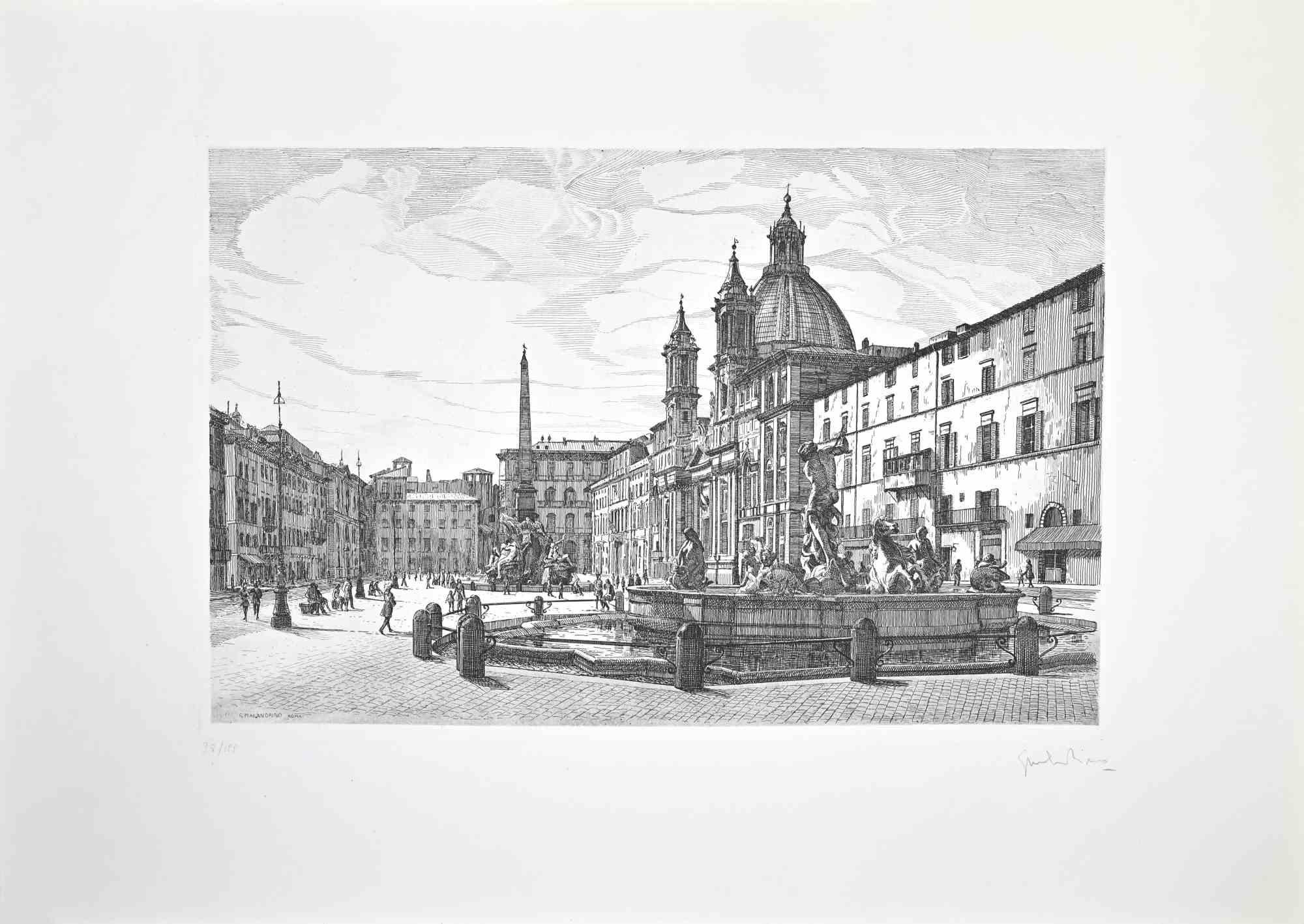 Vista de la Plaza Navona es una obra de arte contemporáneo realizada en 1970 por el artista italiano Giuseppe Malandrino (Módica, 1910 - Roma, 1979).

Grabado sobre cartón.

Firmado a mano con lápiz en la esquina inferior derecha.  Numerado en la