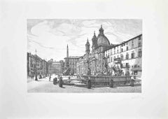 View of Piazza Navona - Etching by Giuseppe Malandrino - 1970s