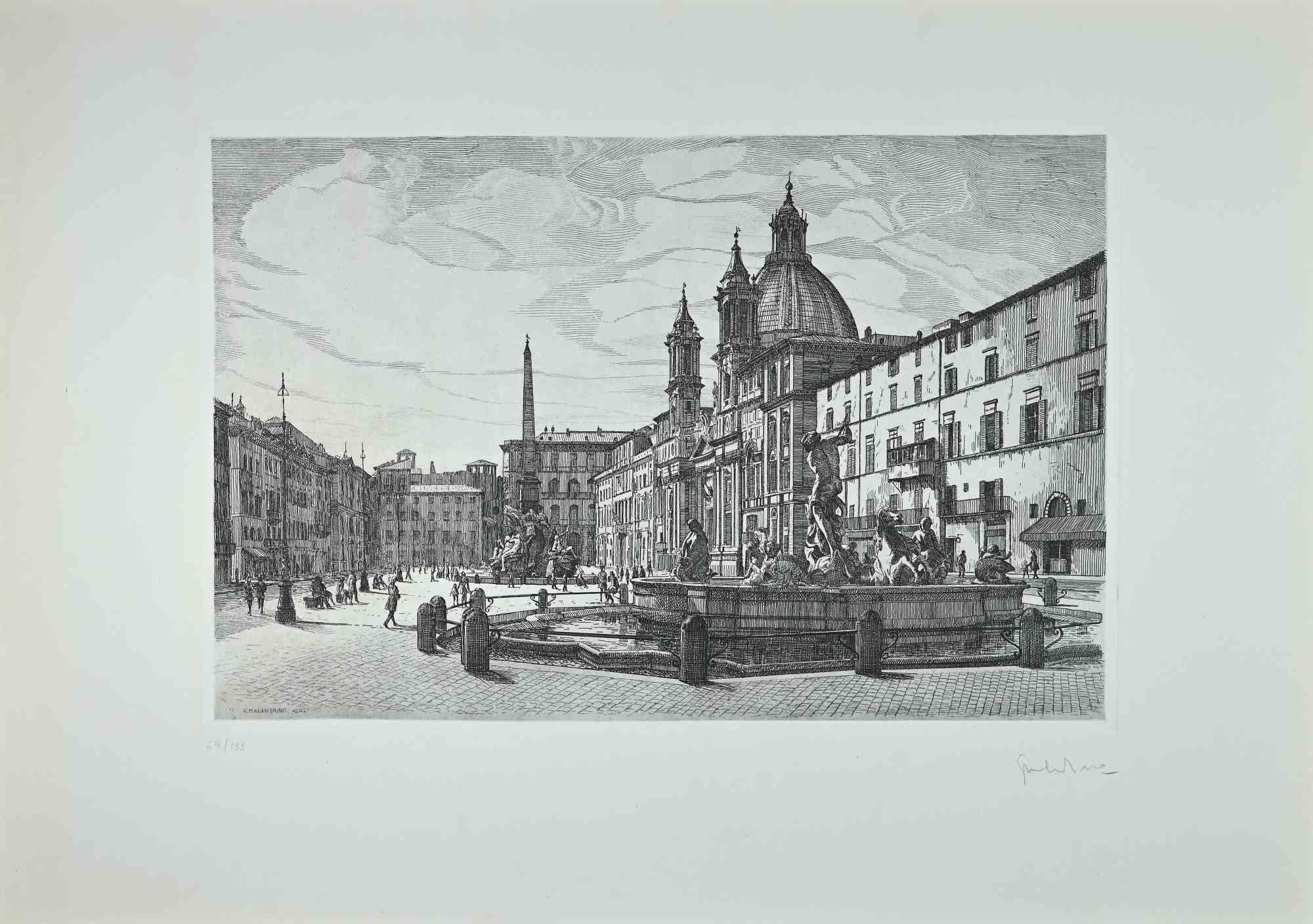 Vue de la Piazza Navona  est une œuvre d'art contemporaine originale réalisée en 1970 par l'artiste italien  Giuseppe Malandrino  (Modica, 1910 - Rome, 1979).
 
Gravure sur carton.
 
Signé à la main au crayon dans le coin inférieur droit.  Numéroté