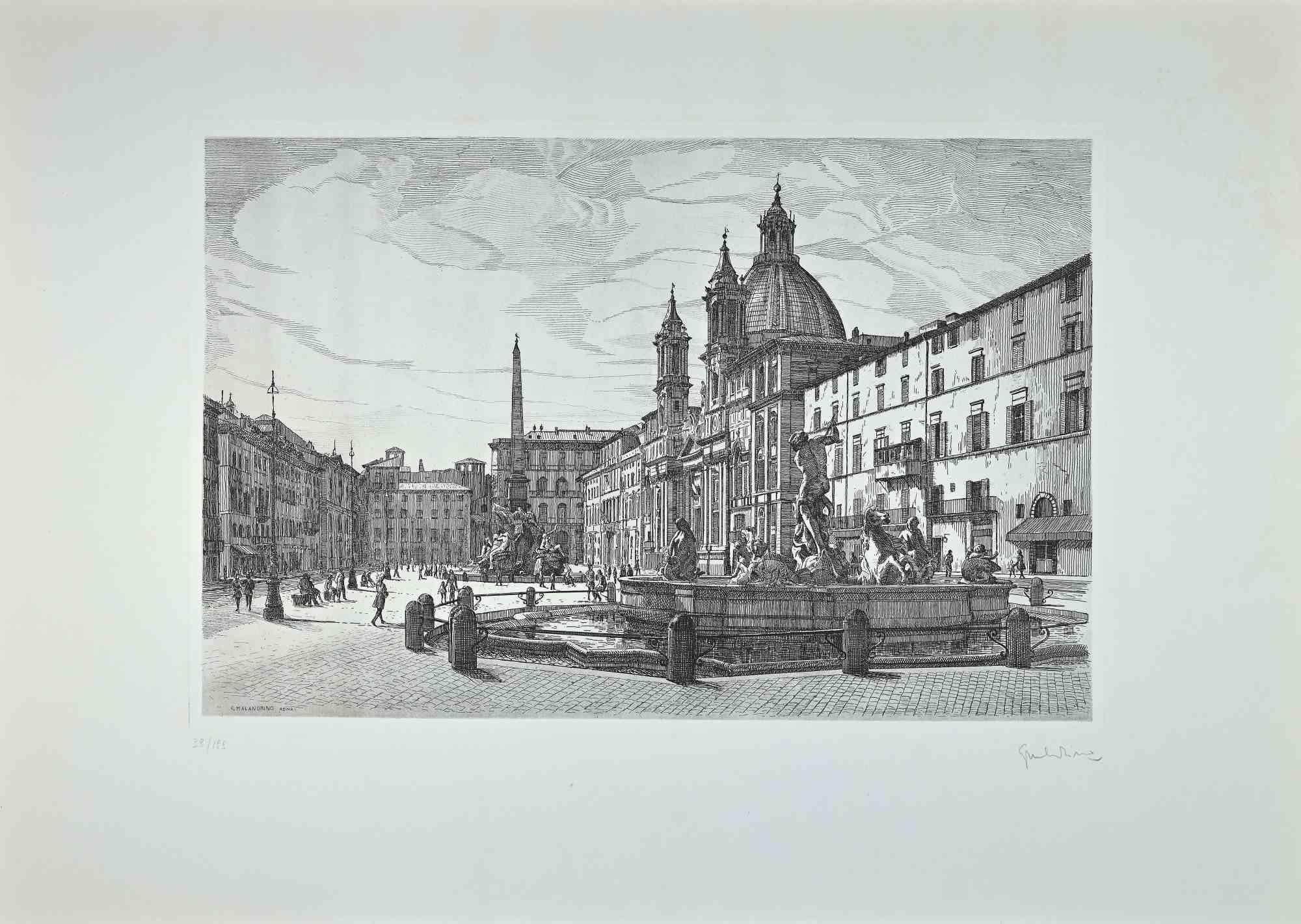 View of Piazza Navona - Etching by Giuseppe Malandrino - 1970