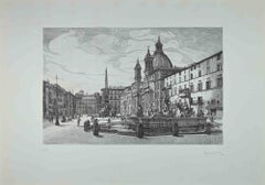 View of Piazza Navona - Original Etching by Giuseppe Malandrino - 1970