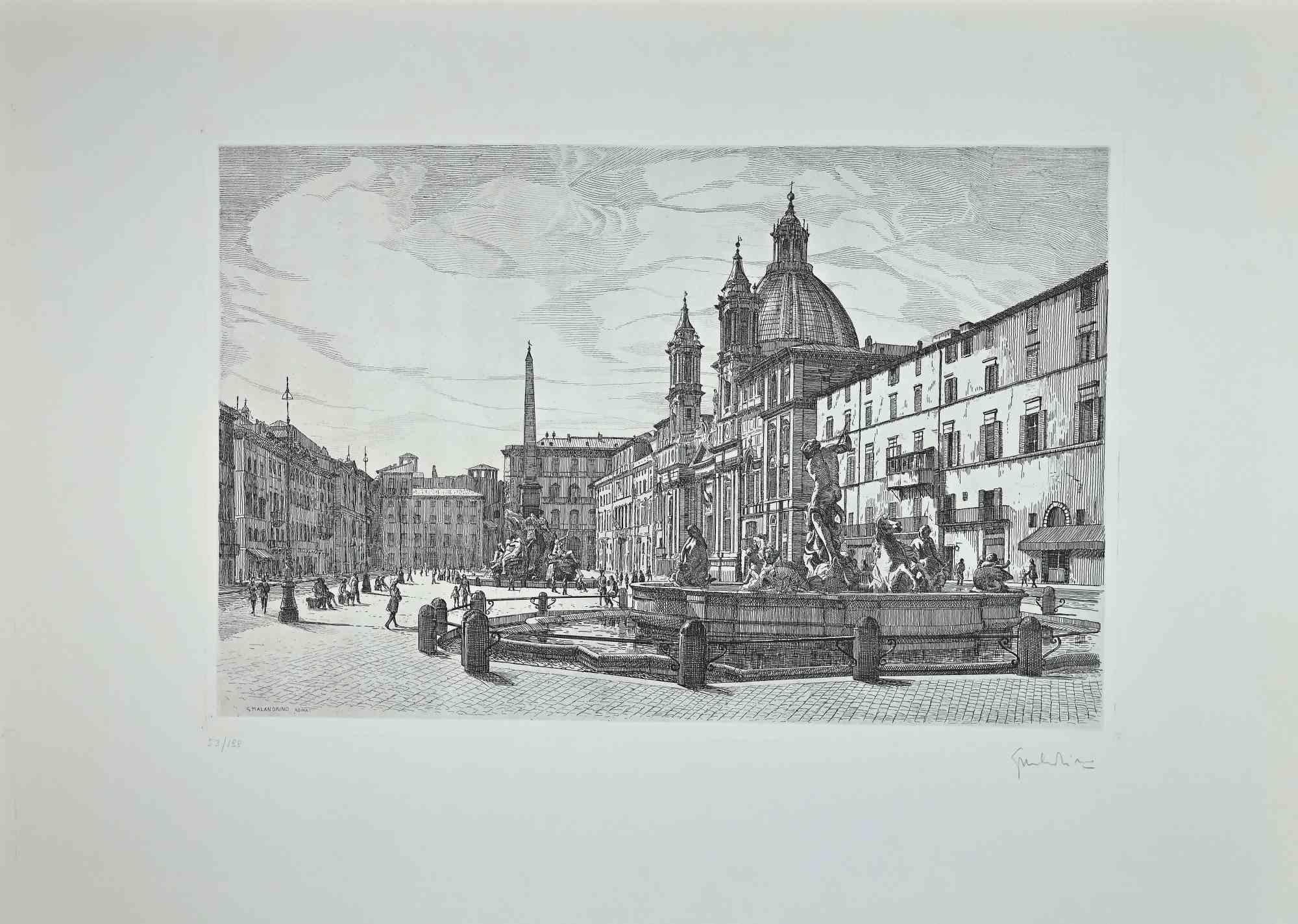 View of Piazza Navona  is an original contemporary artwork realized in 1970 by the Italian artist  Giuseppe Malandrino  (Modica, 1910 - Rome, 1979).
 
Etching on cardboard.
 
Hand-signed in pencil on the lower right corner.  Numbered on the