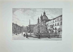 Vintage View of Piazza Navona - Original Etching by Giuseppe Malandrino - 1970