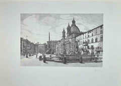 Veduta di Piazza Navona - Acquaforte originale di Giuseppe Malandrino - 1970