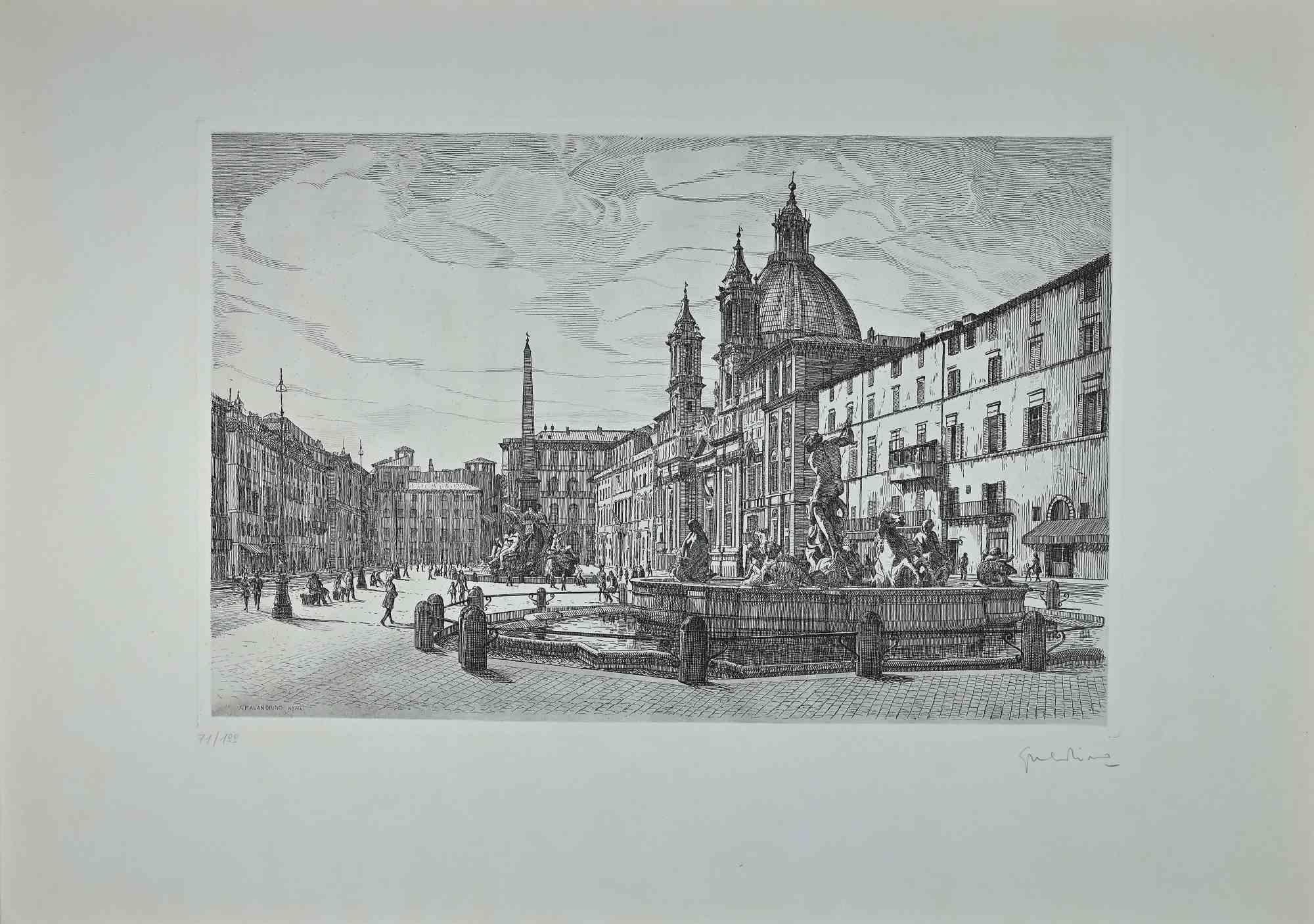 Vista de la Plaza Navona  es una obra de arte contemporánea original realizada en 1970 por el artista italiano  Giuseppe Malandrino  (Modica, 1910 - Roma, 1979).
 
Grabado sobre cartón.
 
Firmado a mano con lápiz en la esquina inferior derecha. 