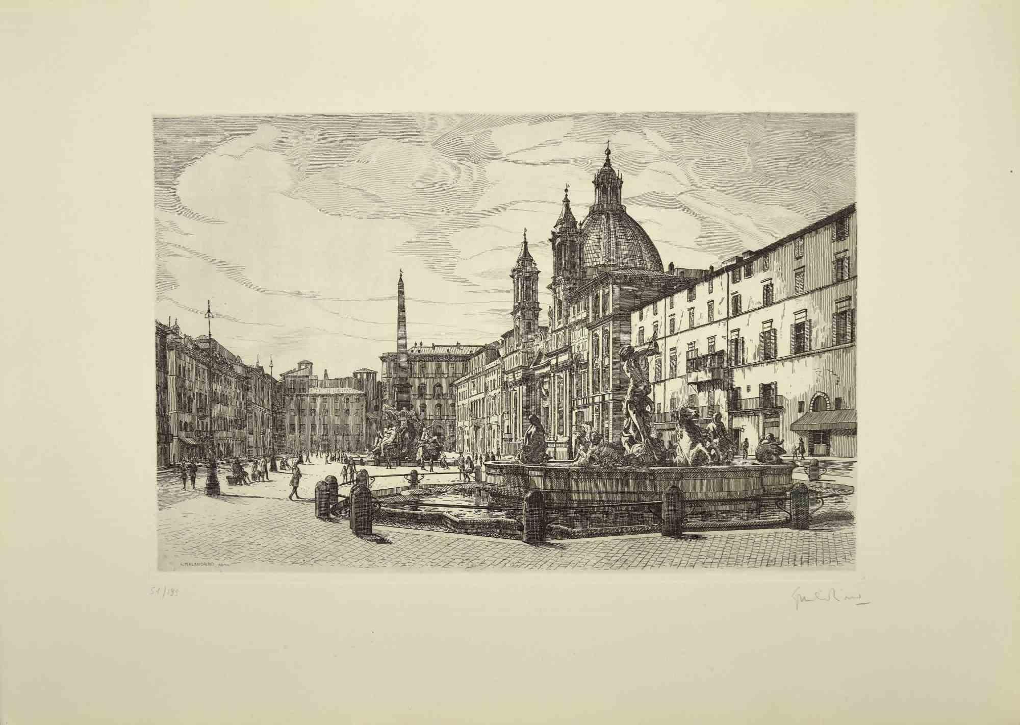 View of Piazza Navona  is an original contemporary artwork realized in 1970 by the Italian artist  Giuseppe Malandrino  (Modica, 1910 - Rome, 1979).
 
Etching on cardboard.
 
Hand-signed  in pencil on the lower right corner.  Numbered  on the lower