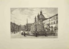 Vintage View of Piazza Navona - Etching by Giuseppe Malandrino - 1970