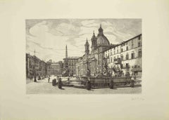 View of Piazza Navona - Etching by Giuseppe Malandrino - 1970