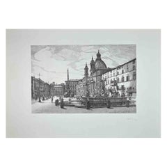 Vista de la Plaza Navona - Grabado original de Giuseppe Malandrino - Años 70