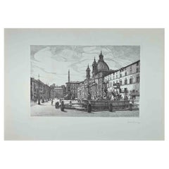 Vista de la Plaza Navona - Grabado original de Giuseppe Malandrino - Años 70