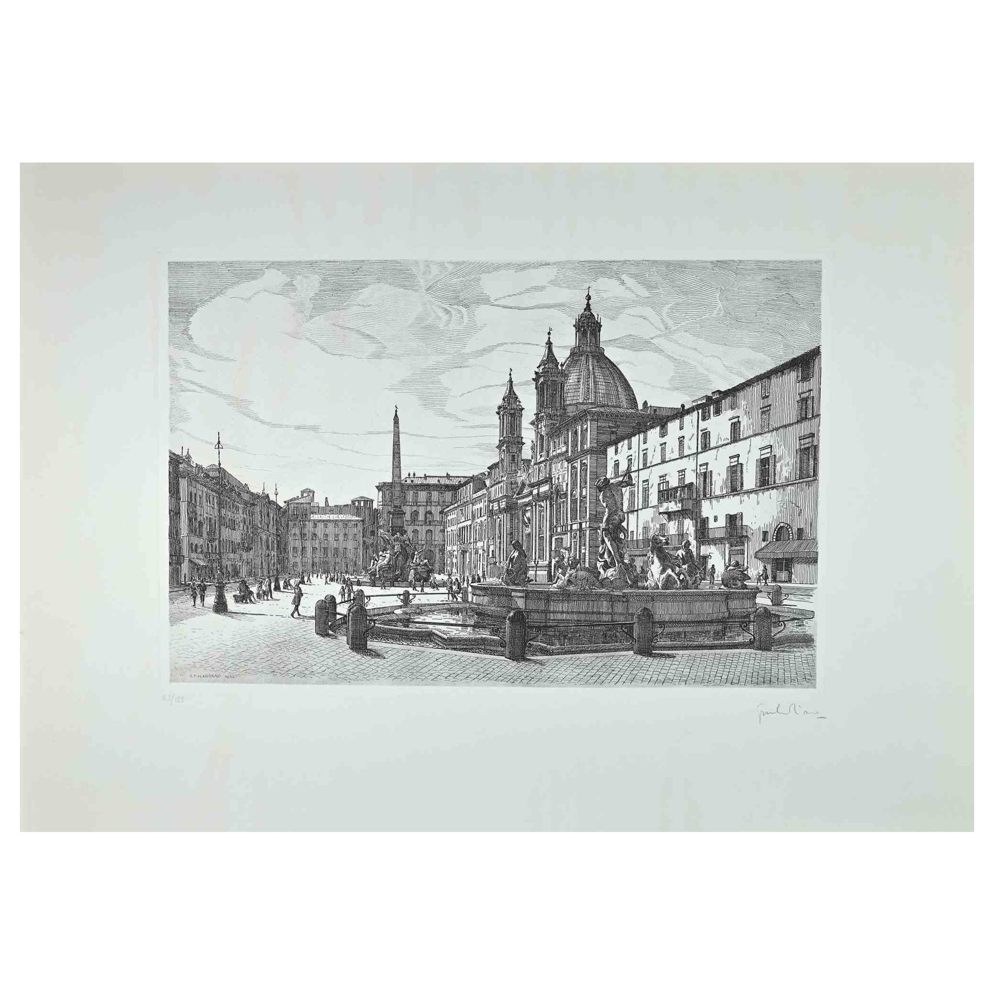 Ansicht von Piazza Navona – Original-Radierung von Giuseppe Malandrino – 1970er Jahre