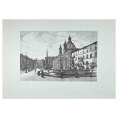 Vista de la Plaza Navona - Grabado original de Giuseppe Malandrino - Años 70