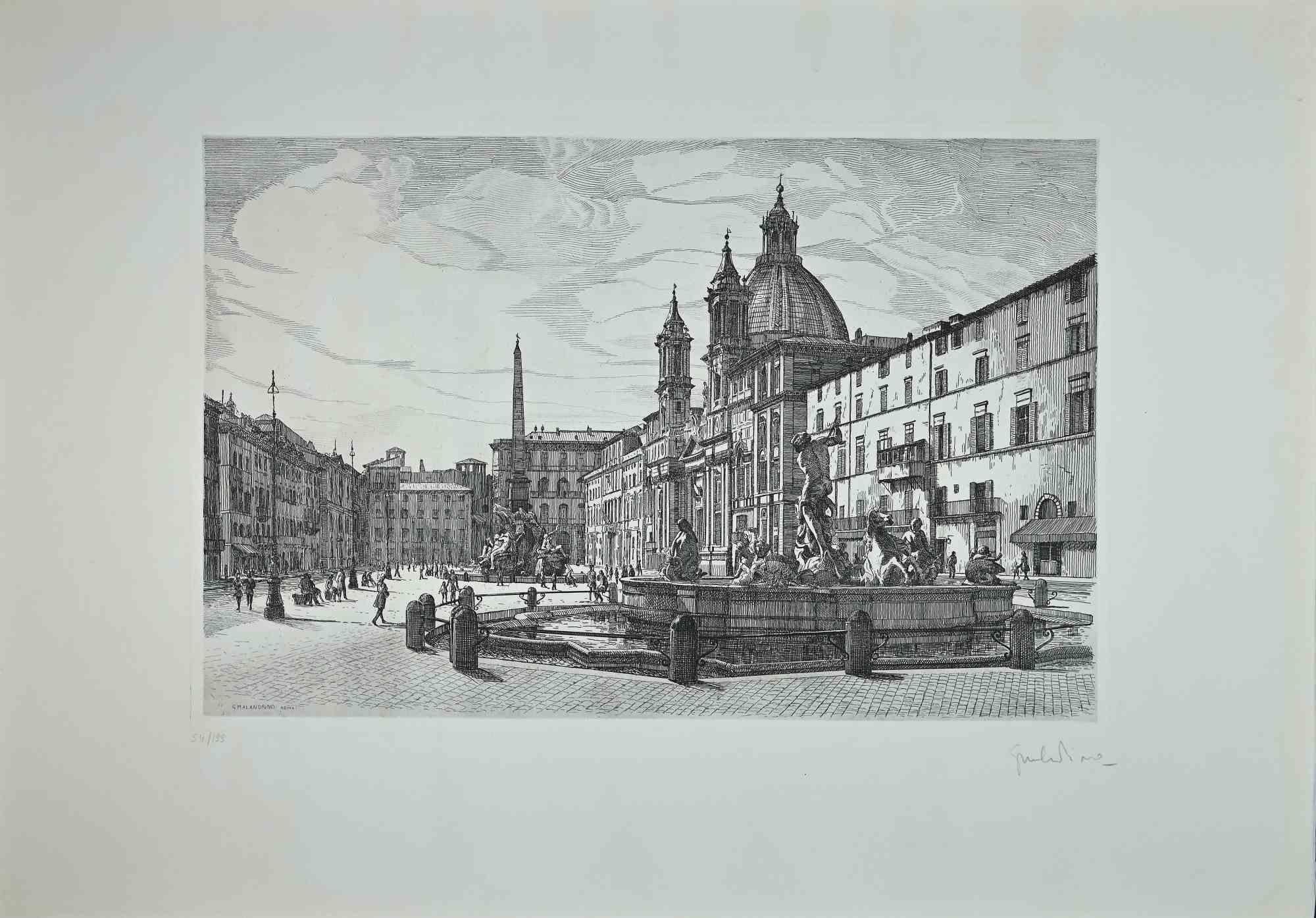 Blick auf die Piazza Navona  ist ein originales zeitgenössisches Kunstwerk, das 1970 von dem italienischen Künstler  Giuseppe Malandrino  (Modica, 1910 - Rom, 1979).
 
Radierung auf Karton.
 
Handsigniert mit Bleistift in der rechten unteren Ecke. 