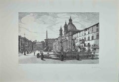 View of Piazza Navona - Original Etching by Giuseppe Malandrino - 1970s